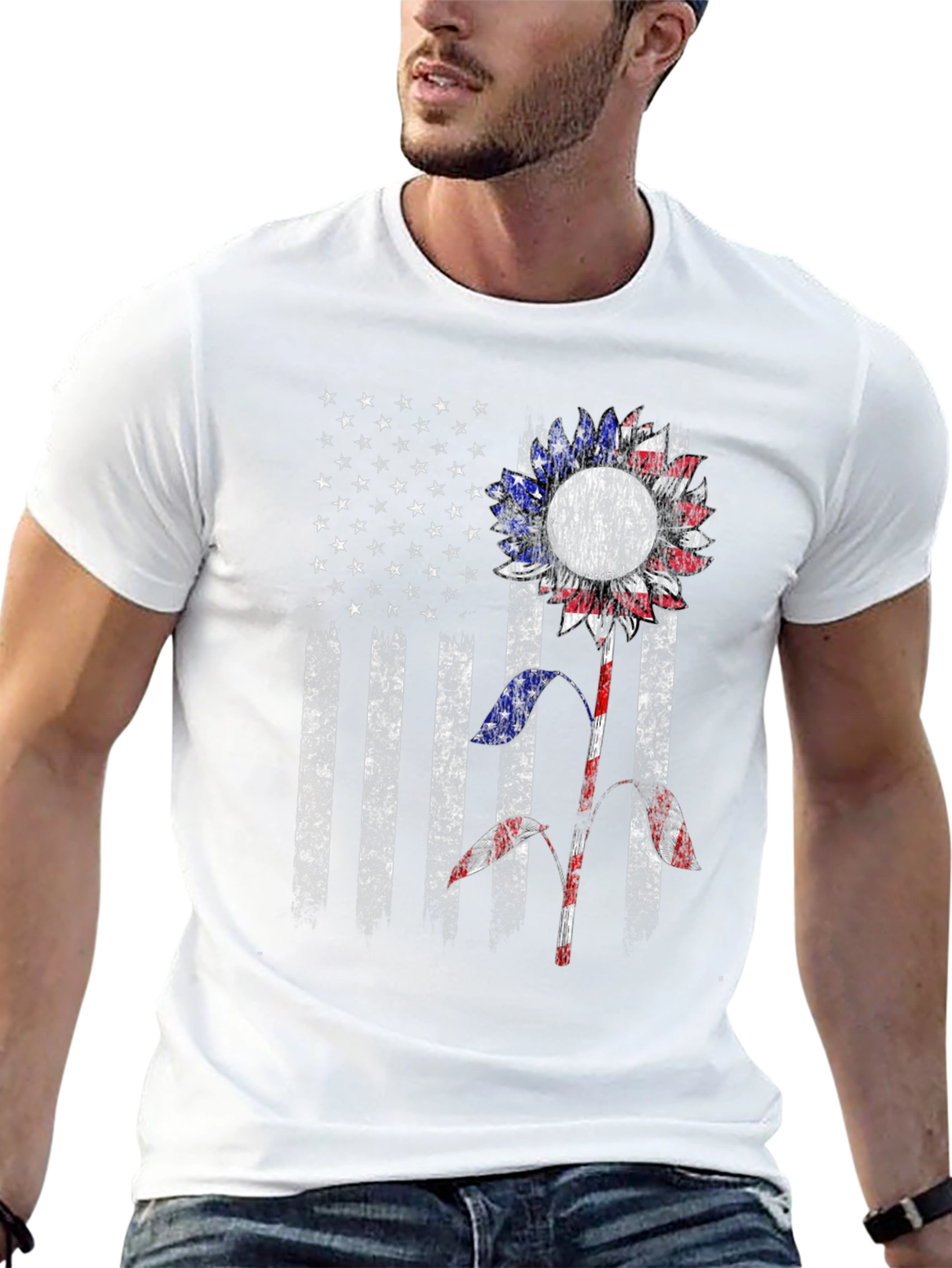 American Flag Sunflower Graphic Tee - Patriotic Style
