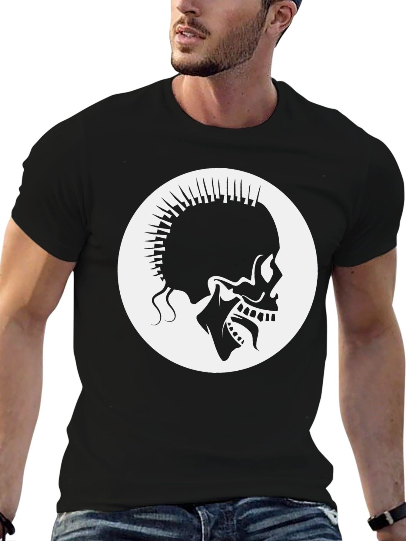 Punk Skull Graphic Tee - Black Cotton Casual T-Shirt