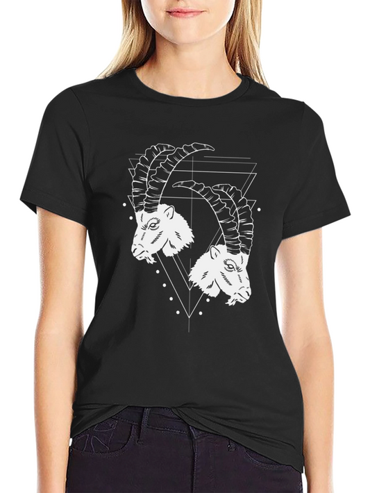 Geometric Ibex Head Graphic Tee - Black Cotton T-Shirt