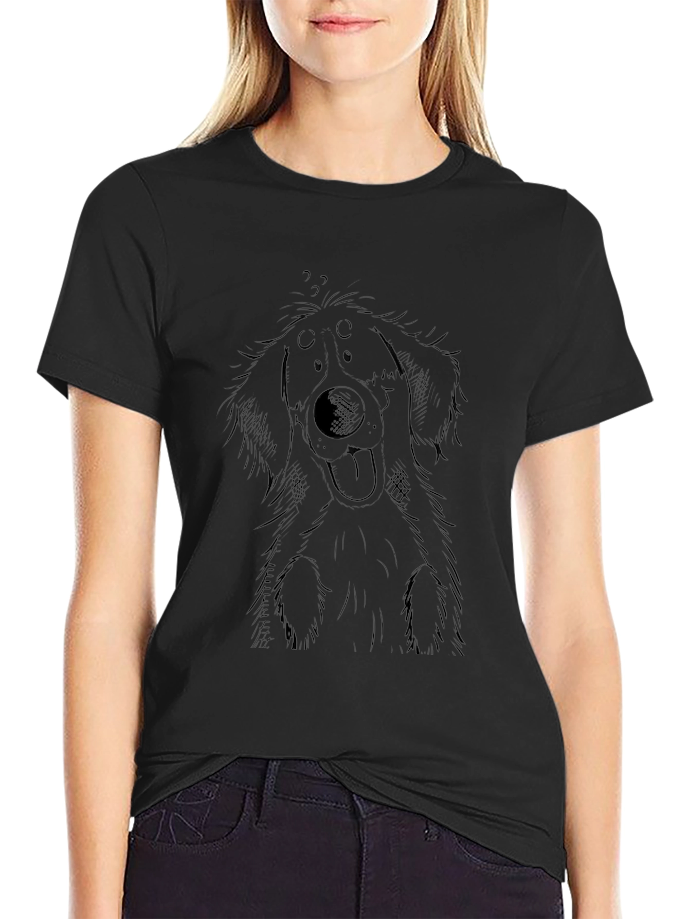 Black T-Shirt with Dog Sketch