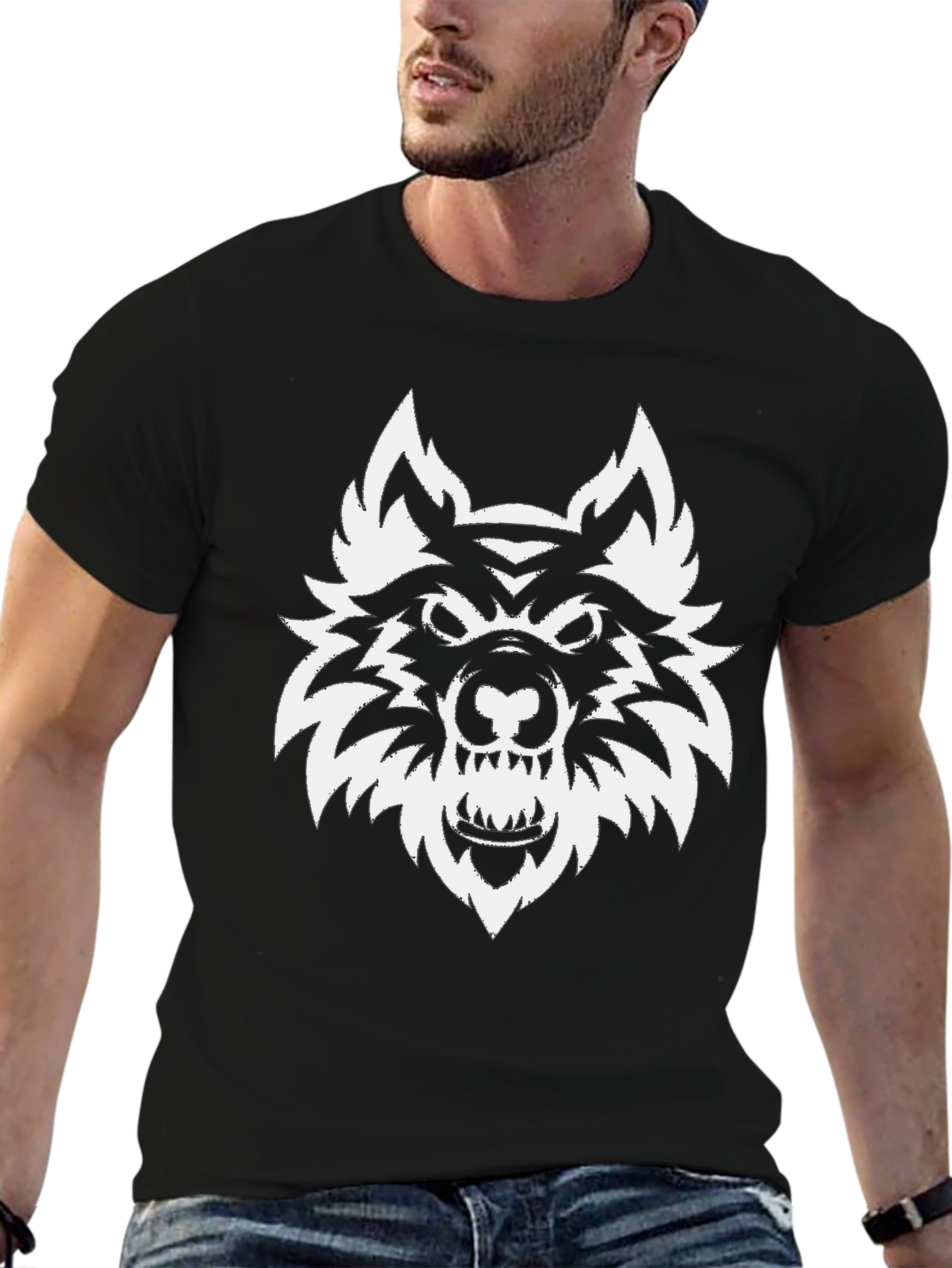 Black T-Shirt with Wolf Graphic