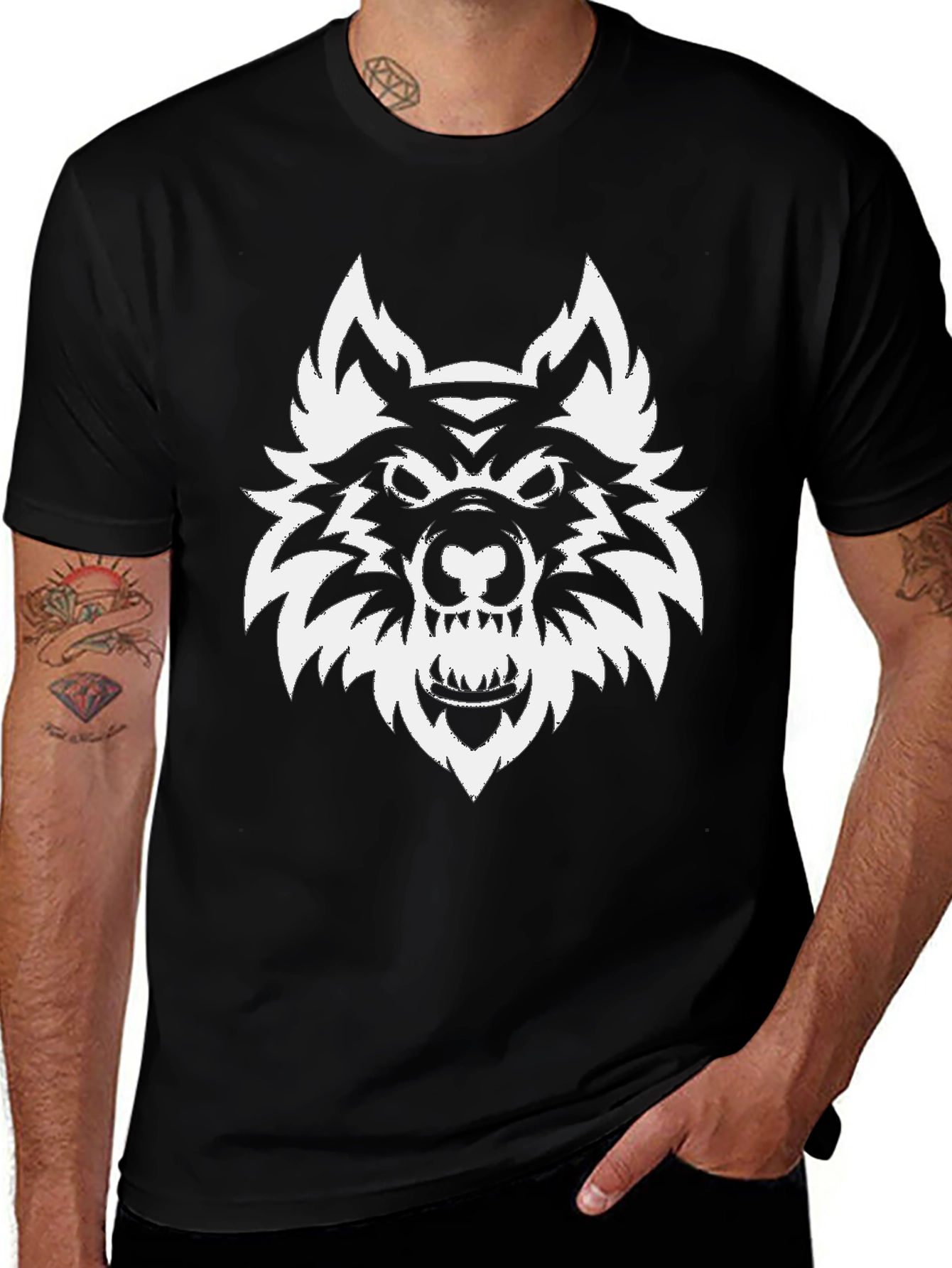 Black T-Shirt with Wolf Graphic
