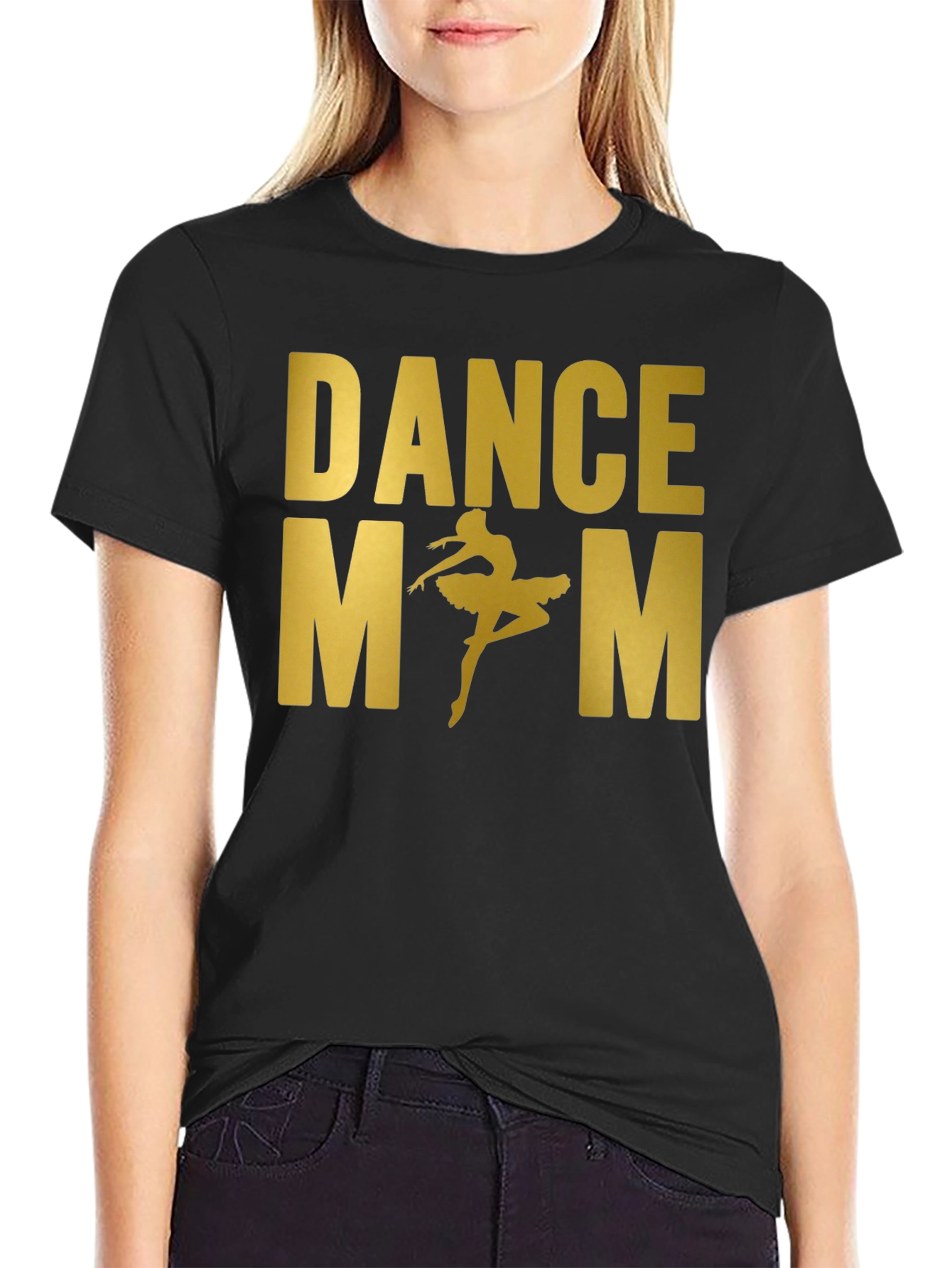 Dance Mom Tee - Gold Text Ballerina Black T-Shirt