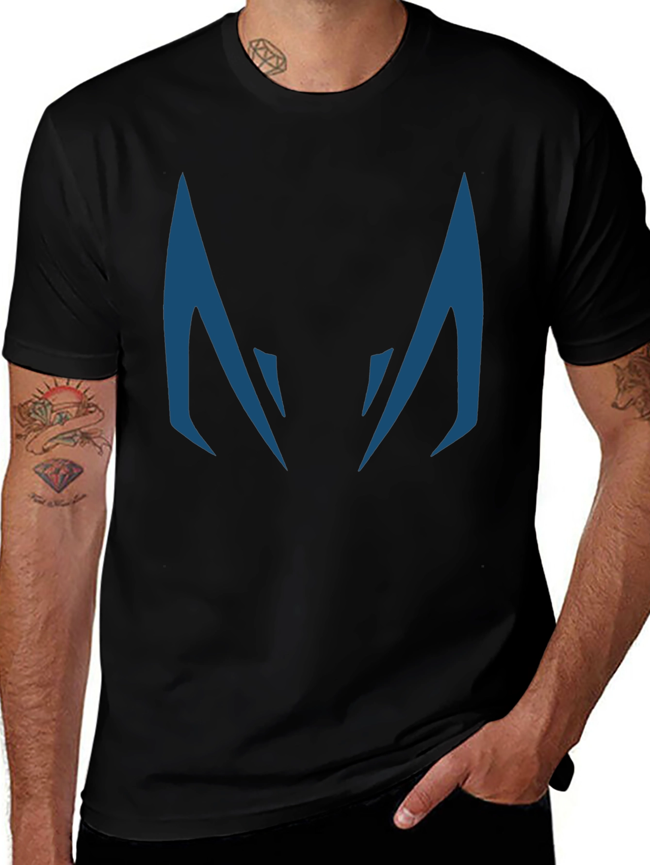 Blue Fanged Design Black Cotton T-Shirt