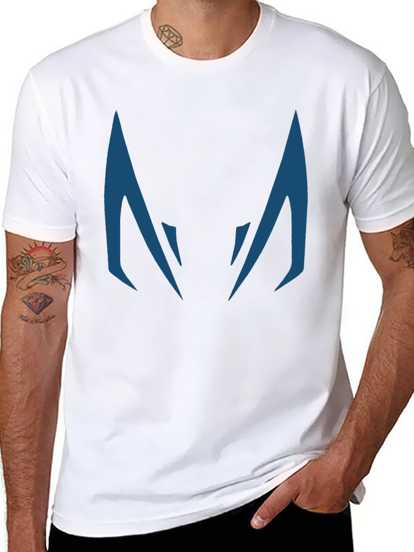 Blue Fanged Design Black Cotton T-Shirt
