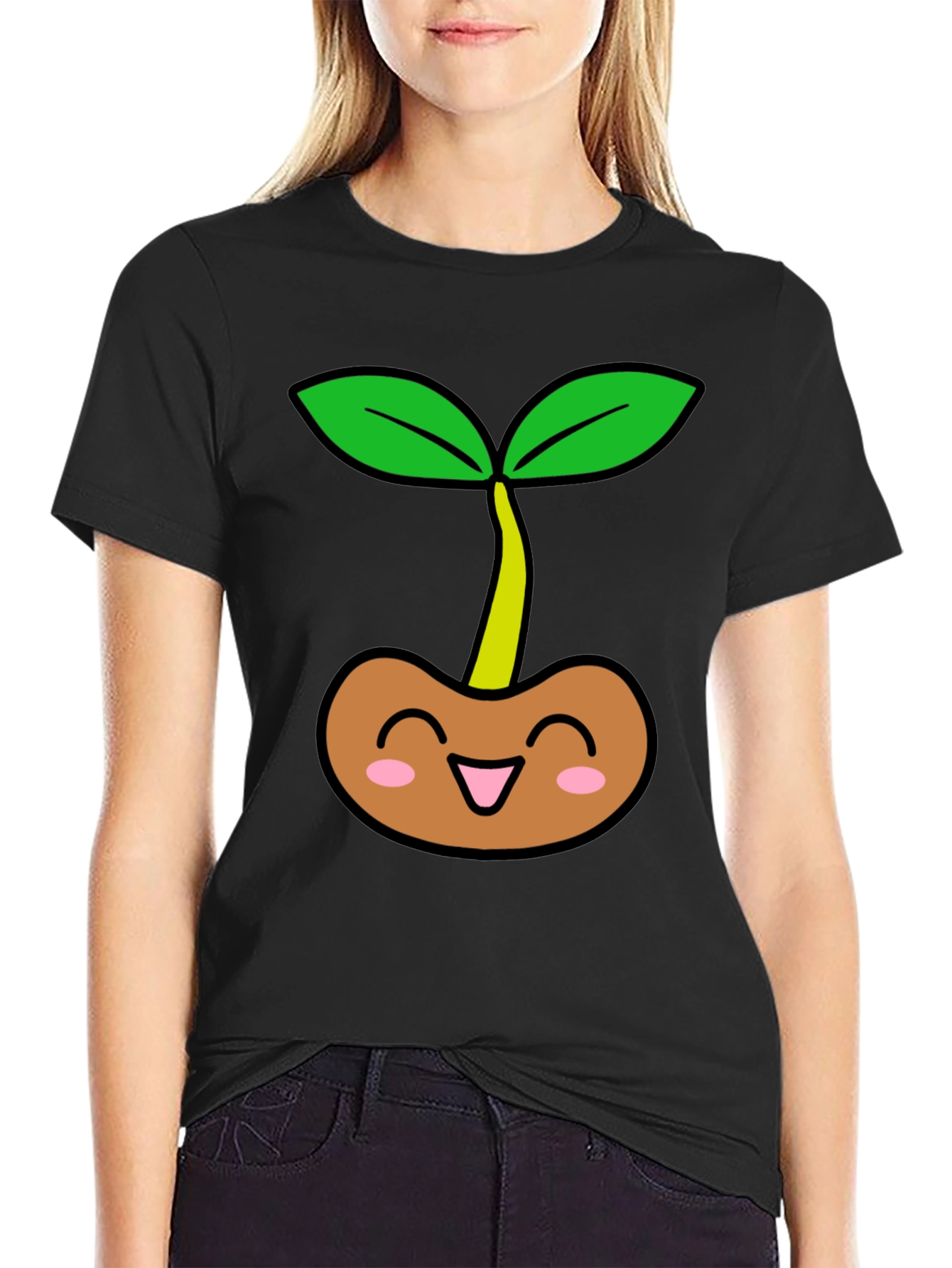 Cute Sprout Graphic Tee - Black Cotton T-Shirt