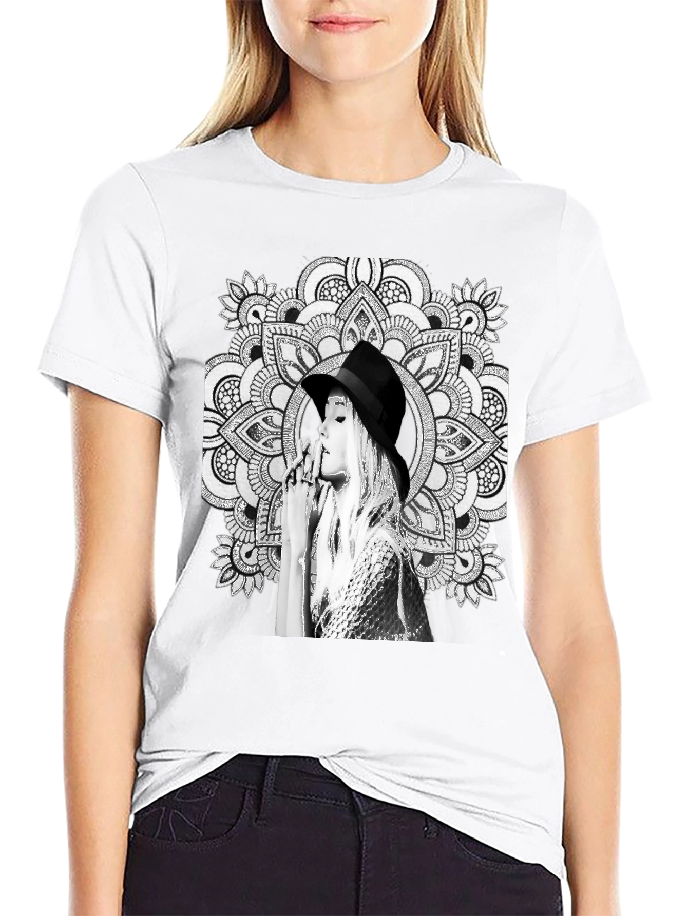 Black Graphic Tee - Mandala Art Woman Portrait