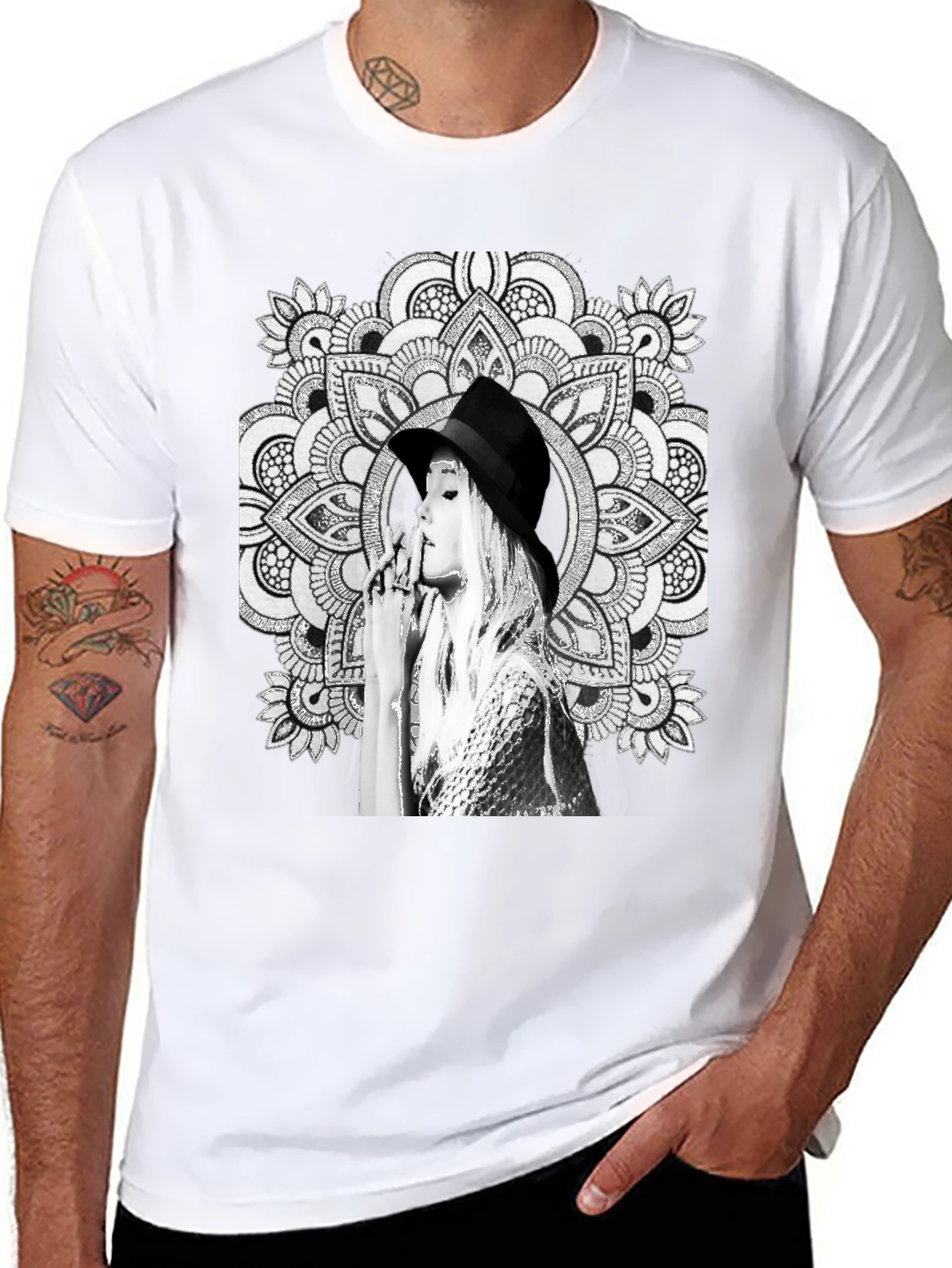 Black Graphic Tee - Mandala Art Woman Portrait