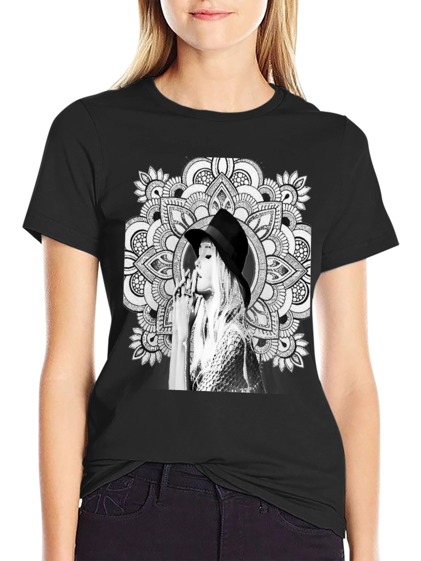 Black Graphic Tee - Mandala Art Woman Portrait