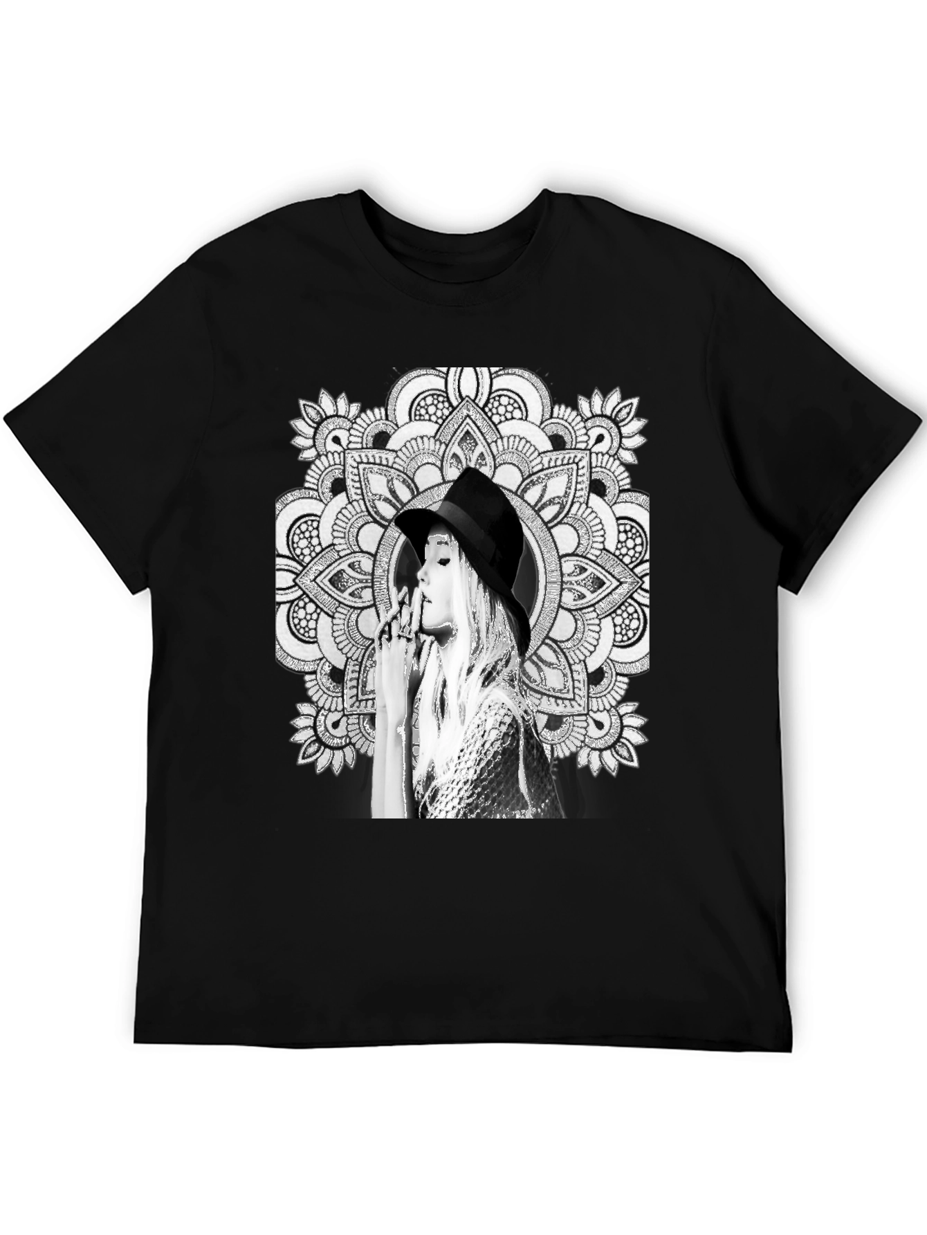 Black Graphic Tee - Mandala Art Woman Portrait