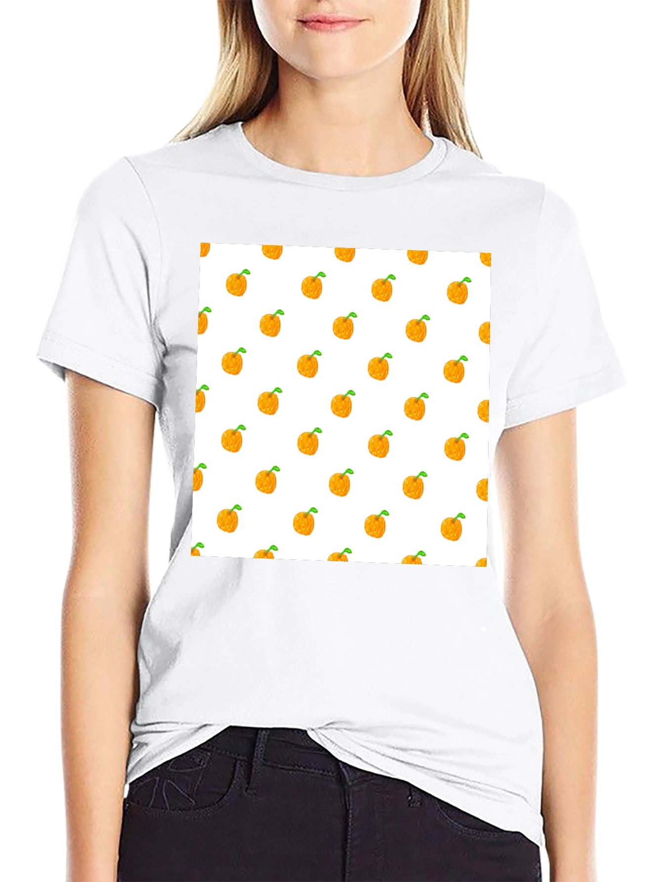 Orange Fruit Pattern Black T-Shirt