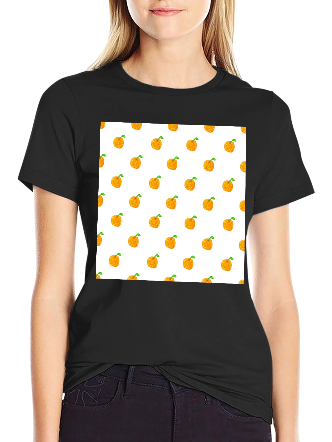 Orange Fruit Pattern Black T-Shirt