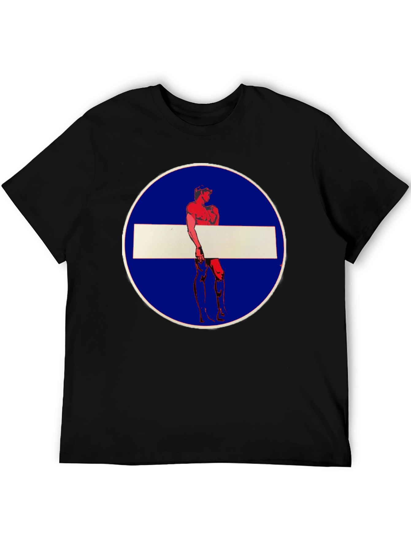 Novelty Graphic Tee: Muscle Man Circle Stop Sign Design