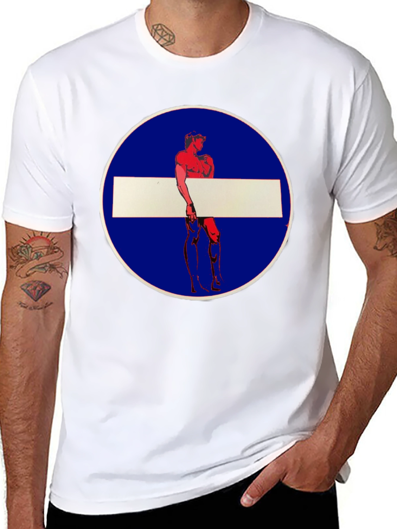 Novelty Graphic Tee: Muscle Man Circle Stop Sign Design