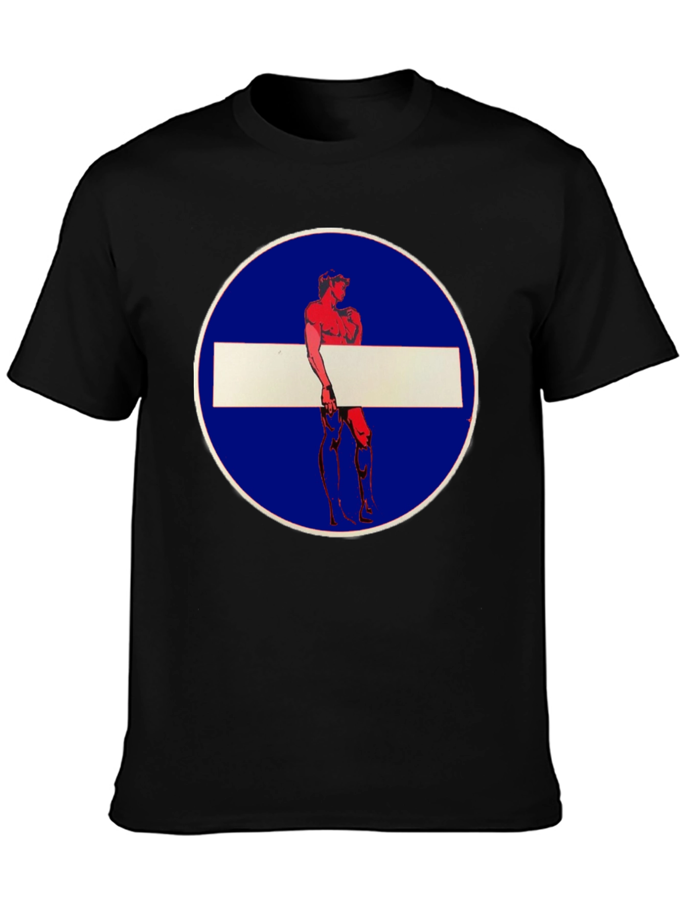 Novelty Graphic Tee: Muscle Man Circle Stop Sign Design