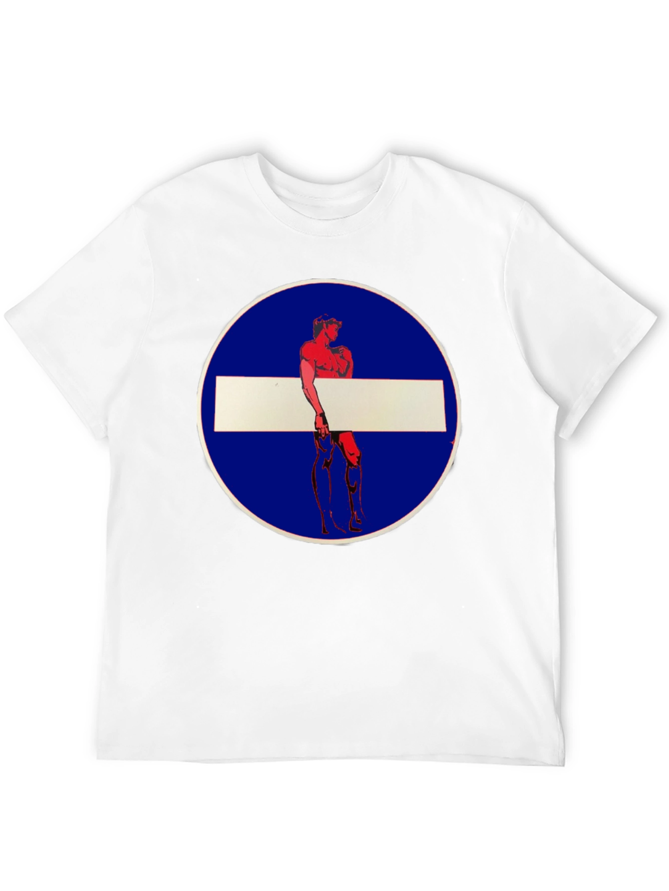 Novelty Graphic Tee: Muscle Man Circle Stop Sign Design