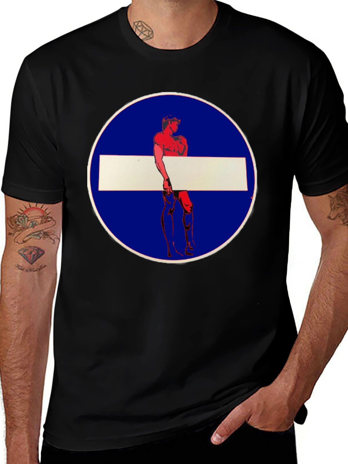 Novelty Graphic Tee: Muscle Man Circle Stop Sign Design