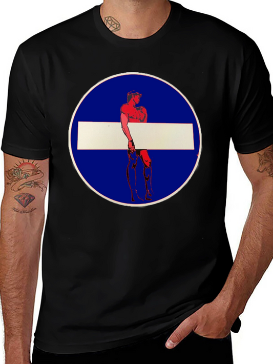 Novelty Graphic Tee: Muscle Man Circle Stop Sign Design