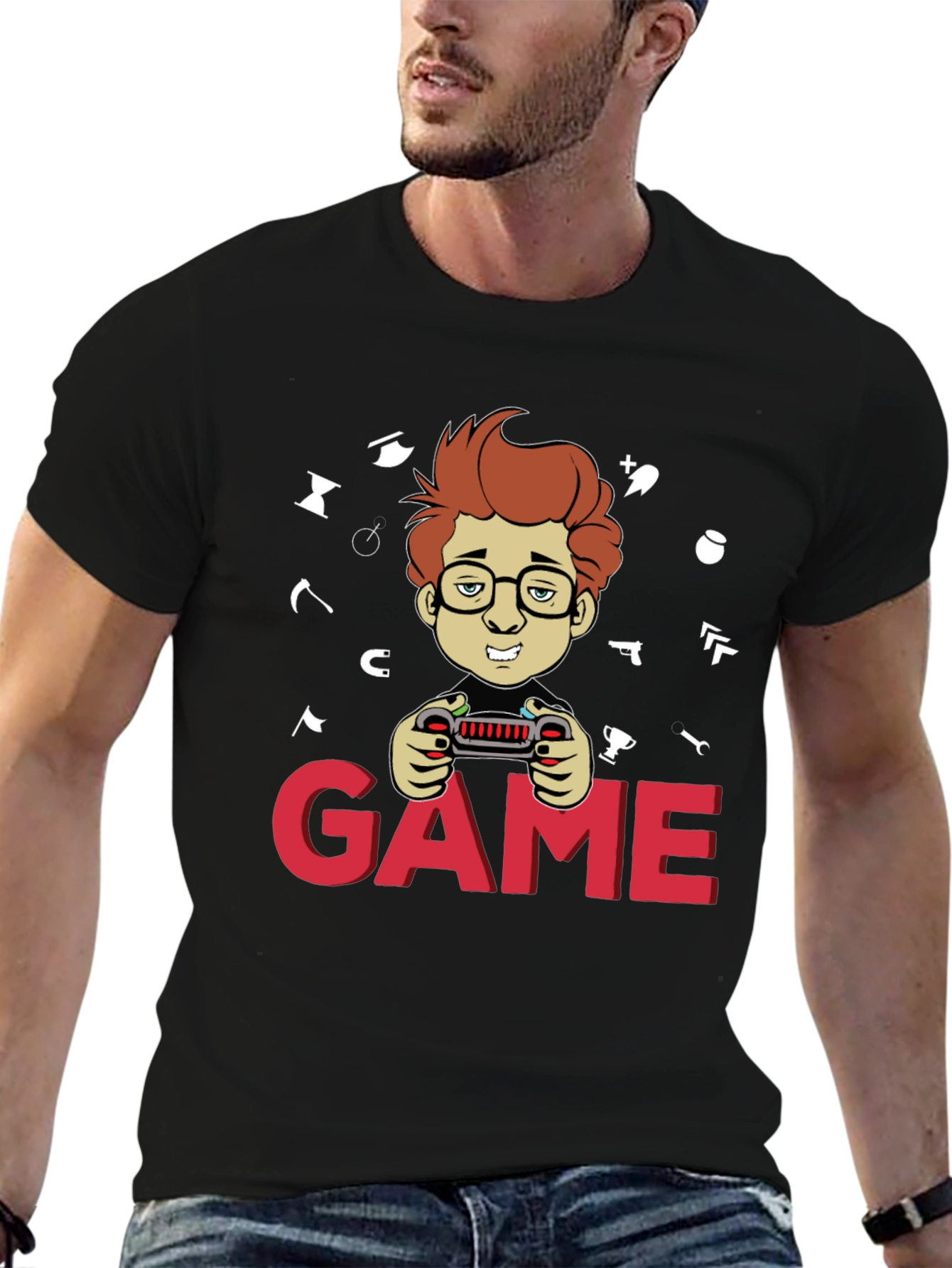 Gamer Cartoon Graphic Black T-Shirt