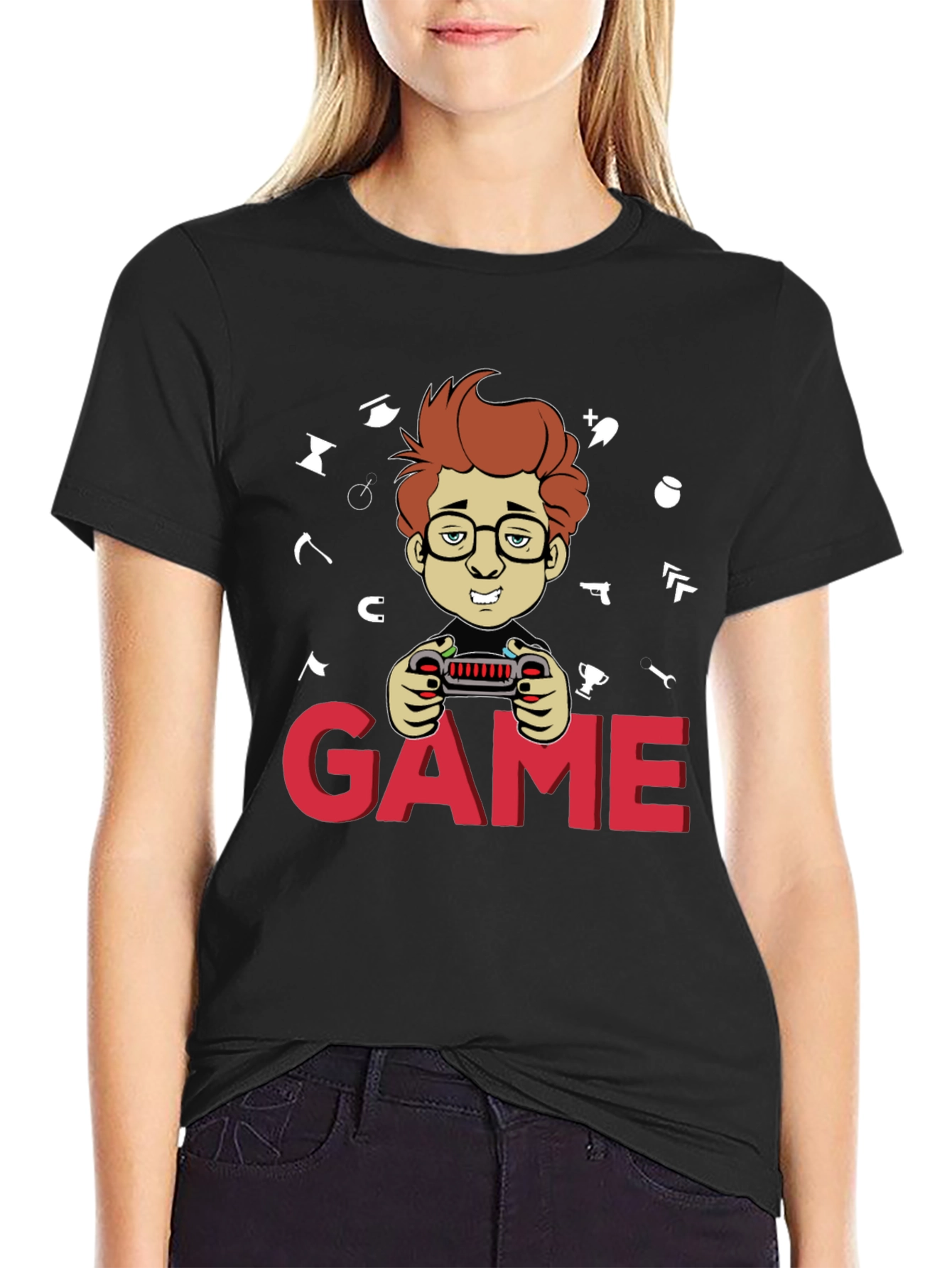 Gamer Cartoon Graphic Black T-Shirt