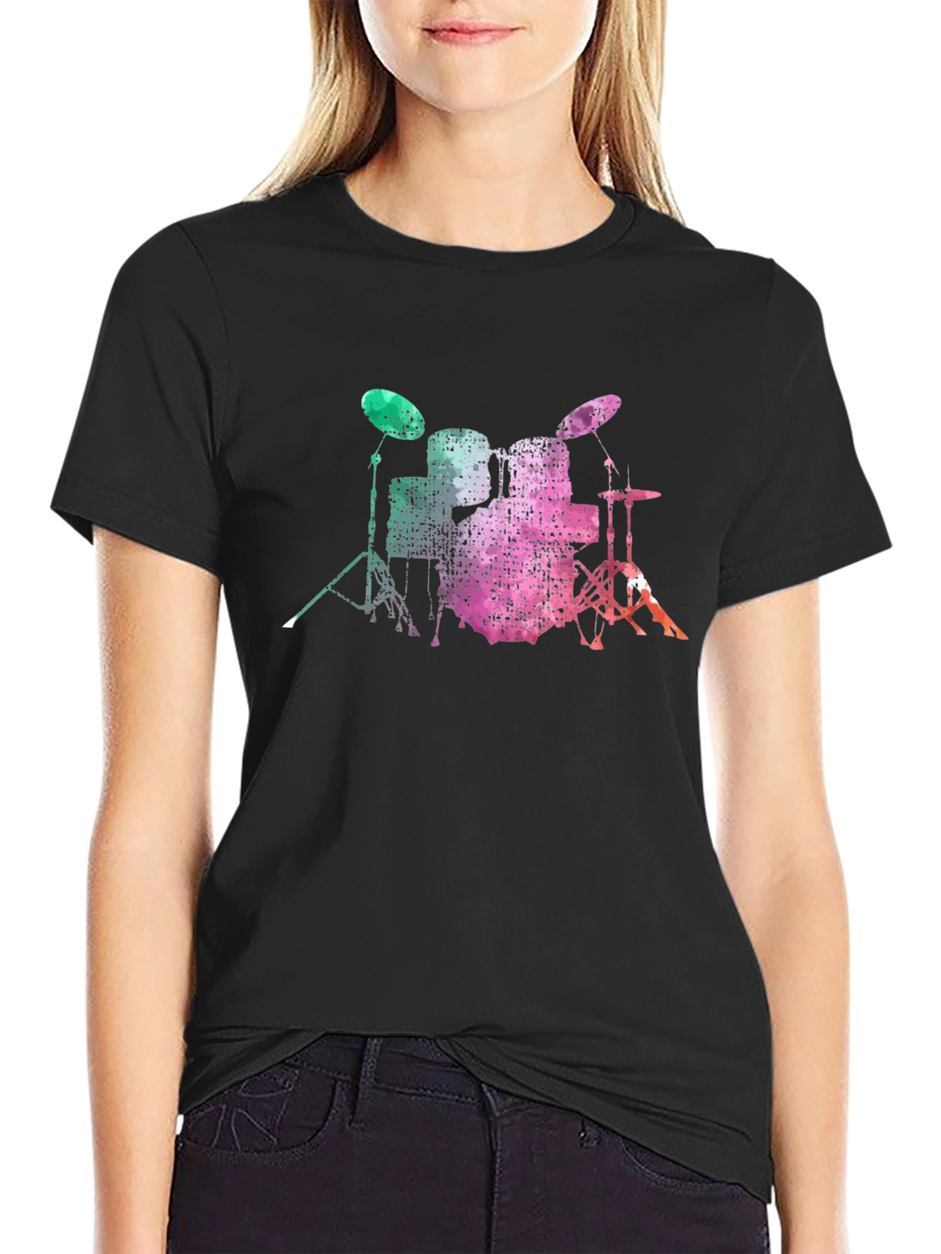 Drum Set Graphic Tee - Black Cotton T-Shirt