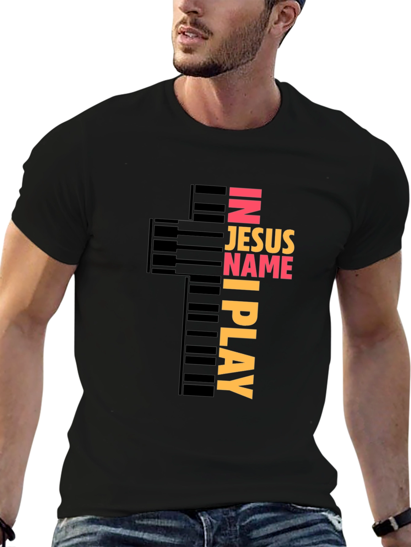 In Jesus Name I Play Piano Cross Graphic Tee