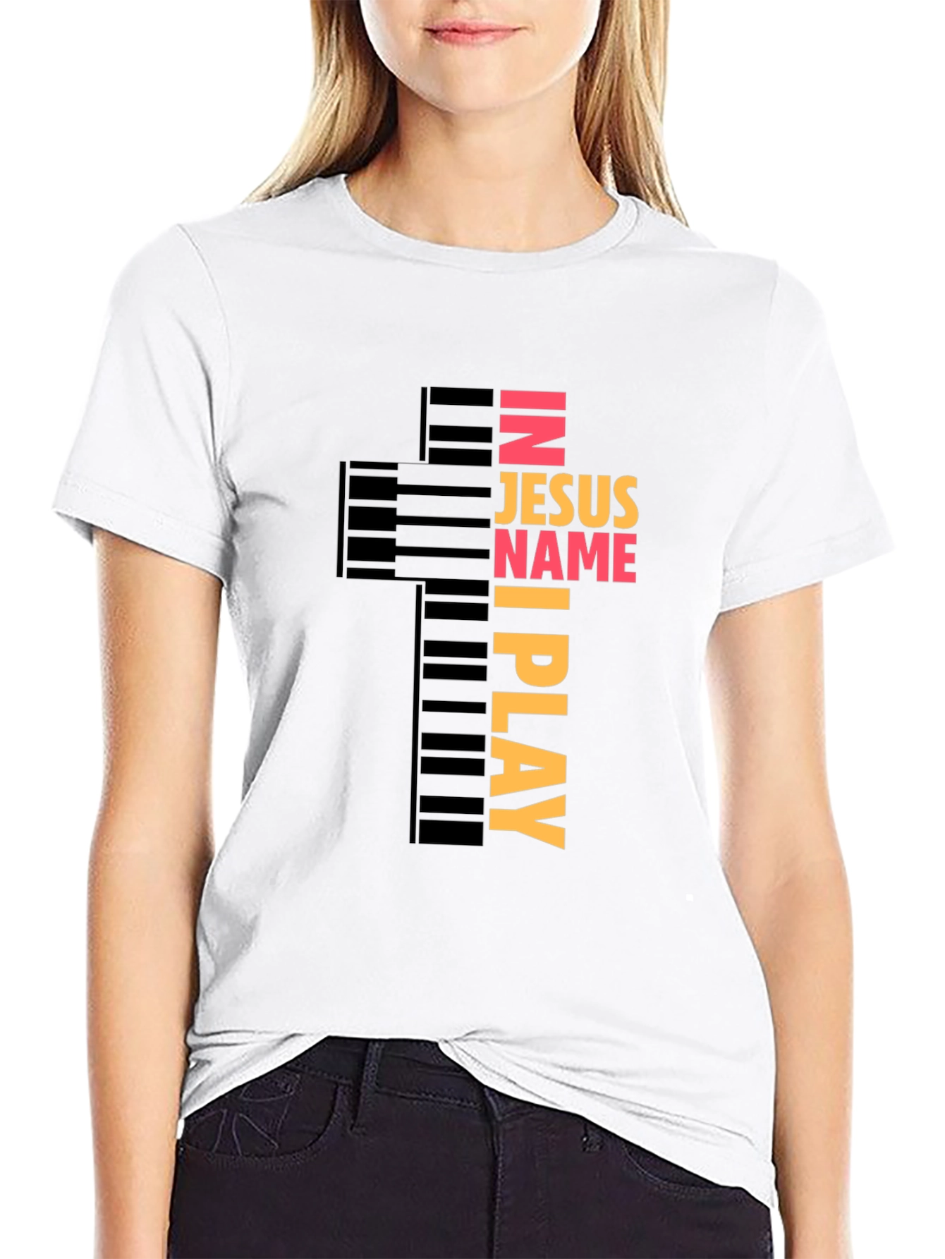 In Jesus Name I Play Piano Cross Graphic Tee