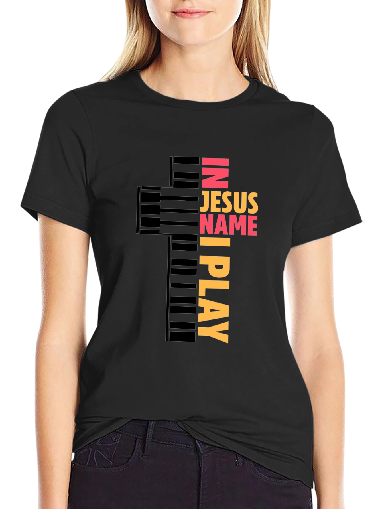 In Jesus Name I Play Piano Cross Graphic Tee