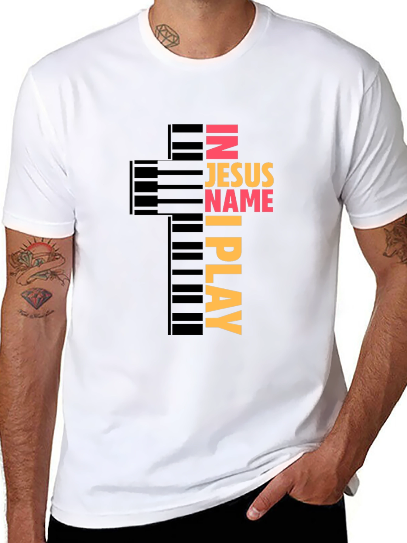 In Jesus Name I Play Piano Cross Graphic Tee