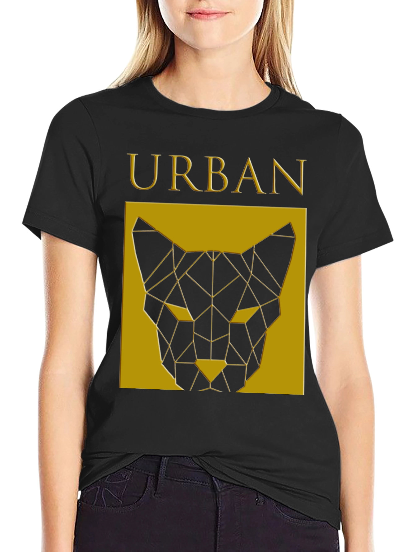 Urban Geometric Cat Graphic Black T-Shirt