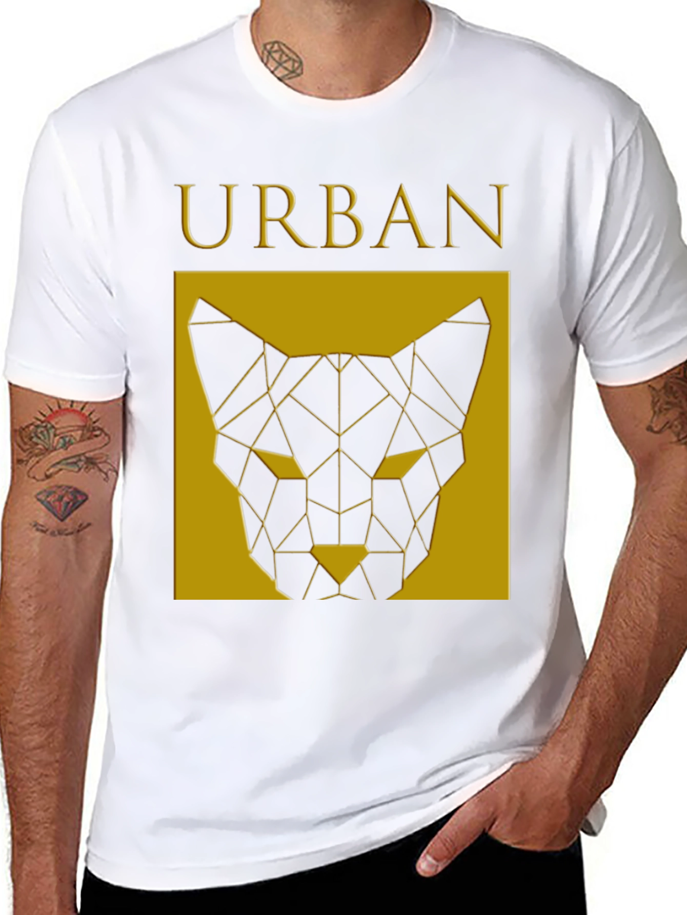 Urban Geometric Cat Graphic Black T-Shirt