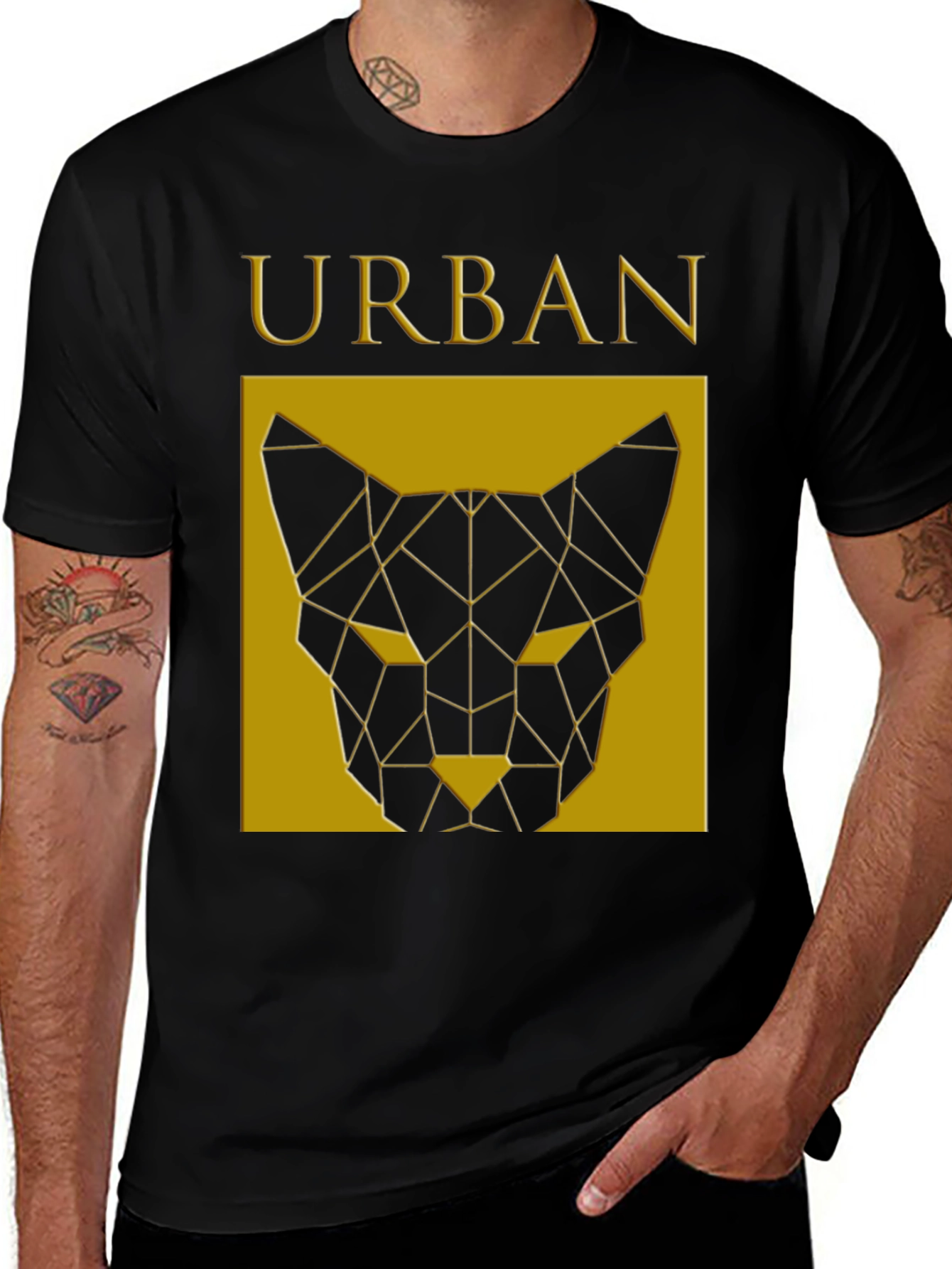 Urban Geometric Cat Graphic Black T-Shirt