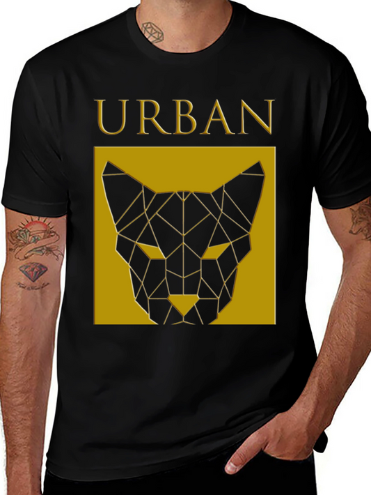 Urban Geometric Cat Graphic Black T-Shirt