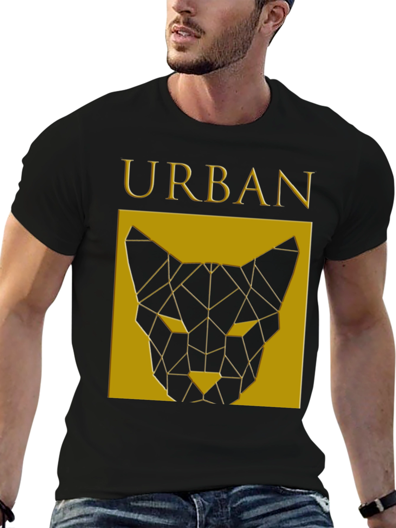 Urban Geometric Cat Graphic Black T-Shirt