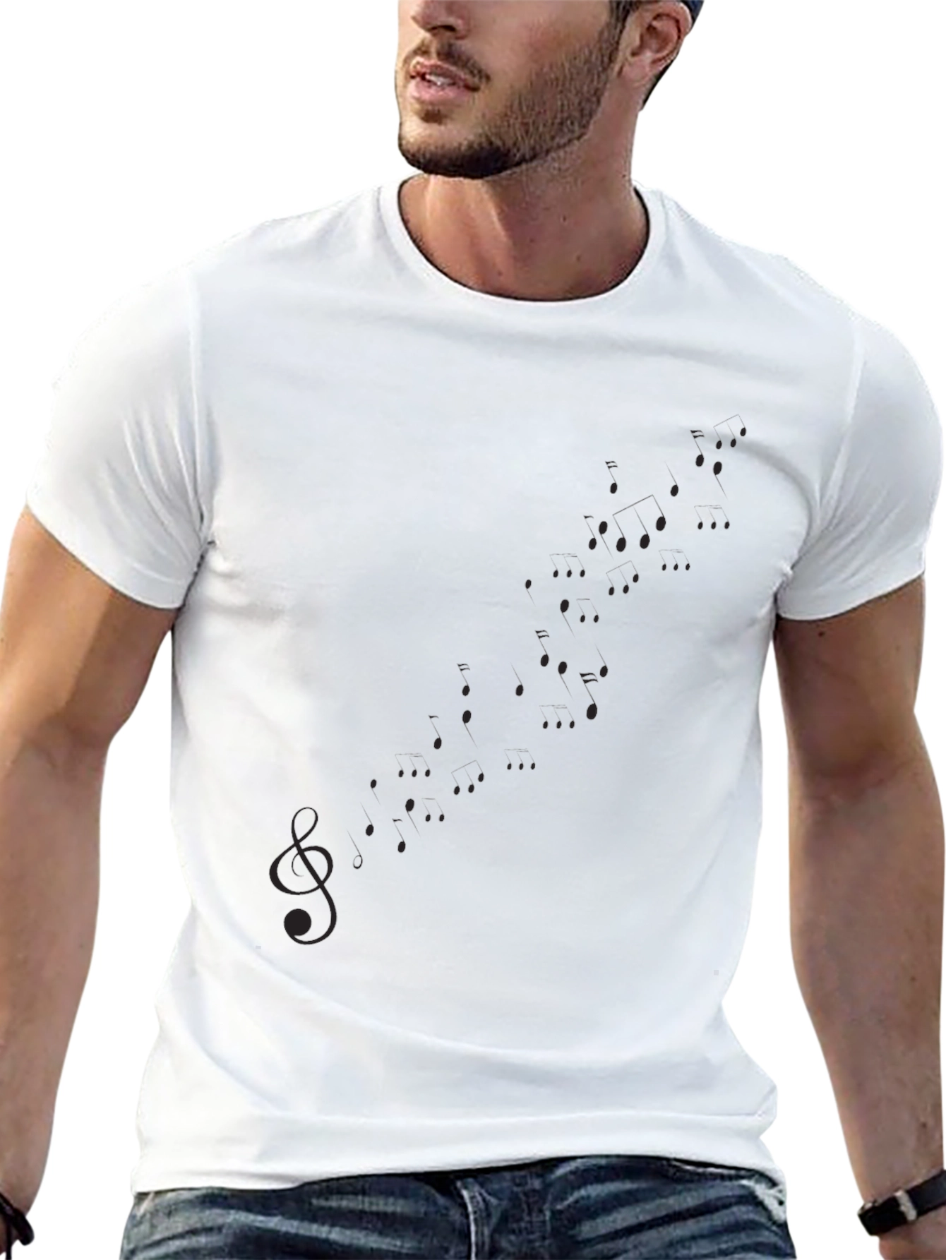Mens Casual Black Graphic Tee - Musical Notes