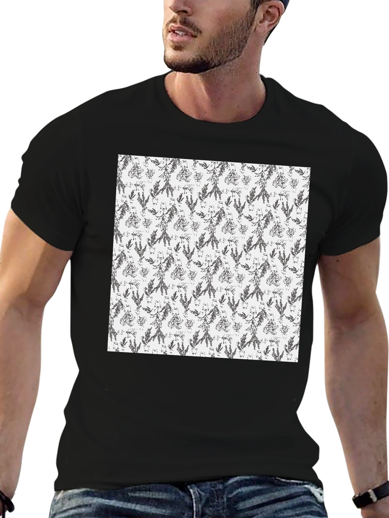 Mens Black Tee with Floral Print Design