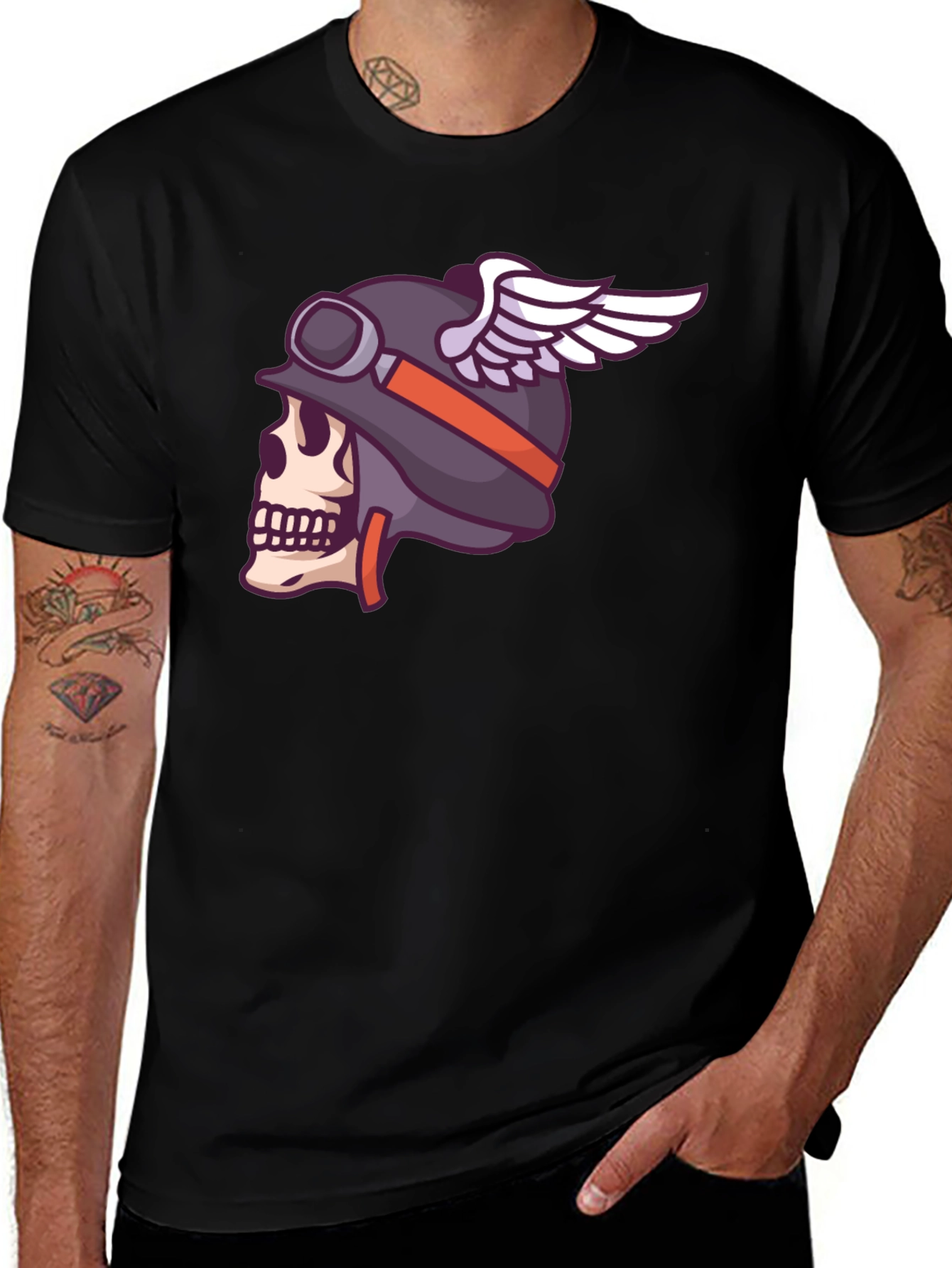 Skull Biker Helmet Graphic Tee - Black Cotton T-Shirt