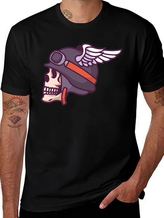 Skull Biker Helmet Graphic Tee - Black Cotton T-Shirt
