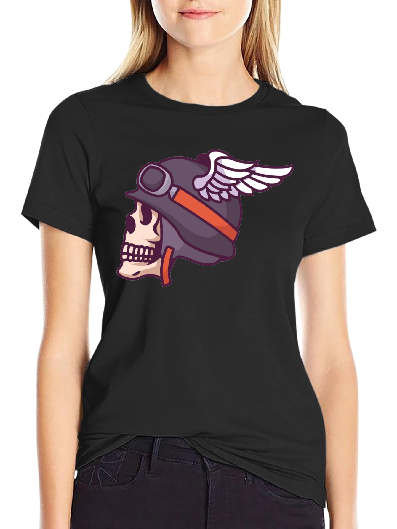 Skull Biker Helmet Graphic Tee - Black Cotton T-Shirt