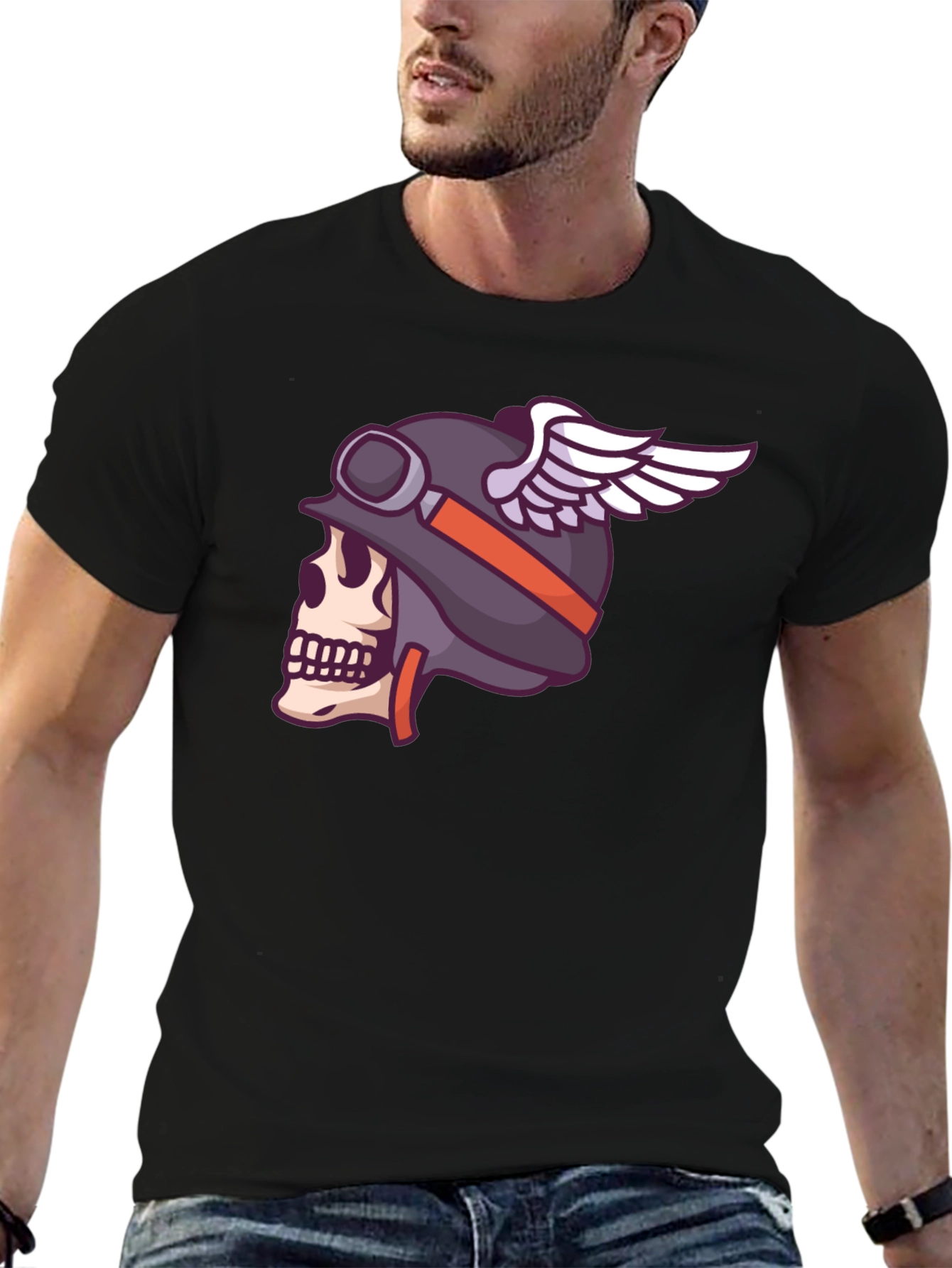 Skull Biker Helmet Graphic Tee - Black Cotton T-Shirt