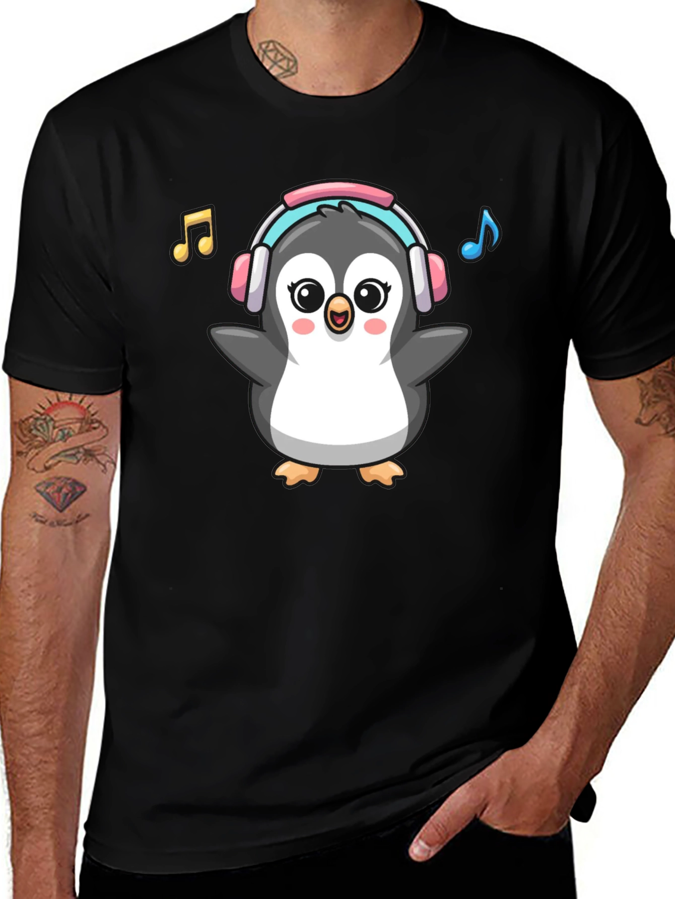 Cartoon Penguin Music Lover Graphic Tee