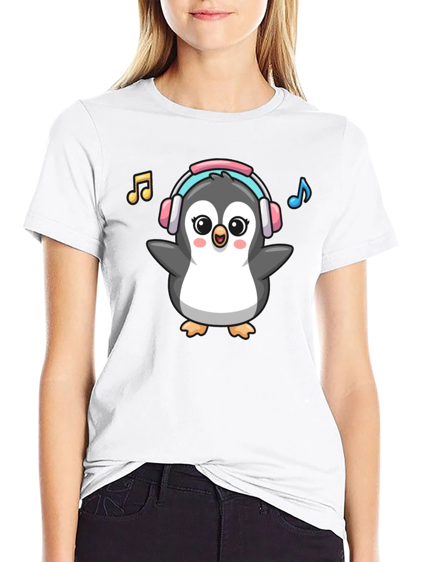 Cartoon Penguin Music Lover Graphic Tee
