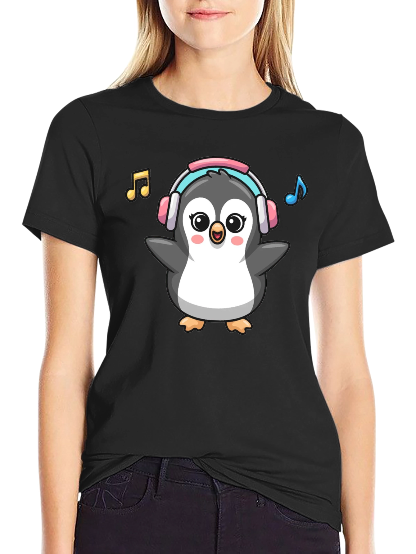 Cartoon Penguin Music Lover Graphic Tee