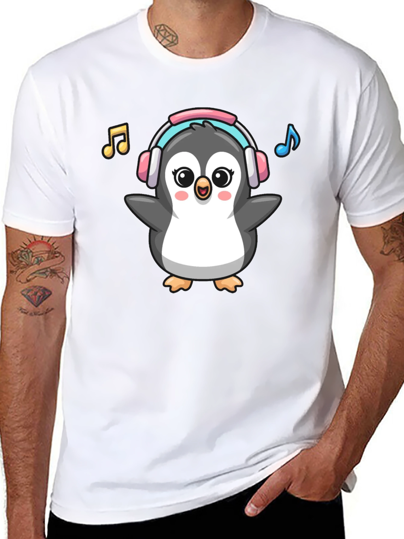Cartoon Penguin Music Lover Graphic Tee