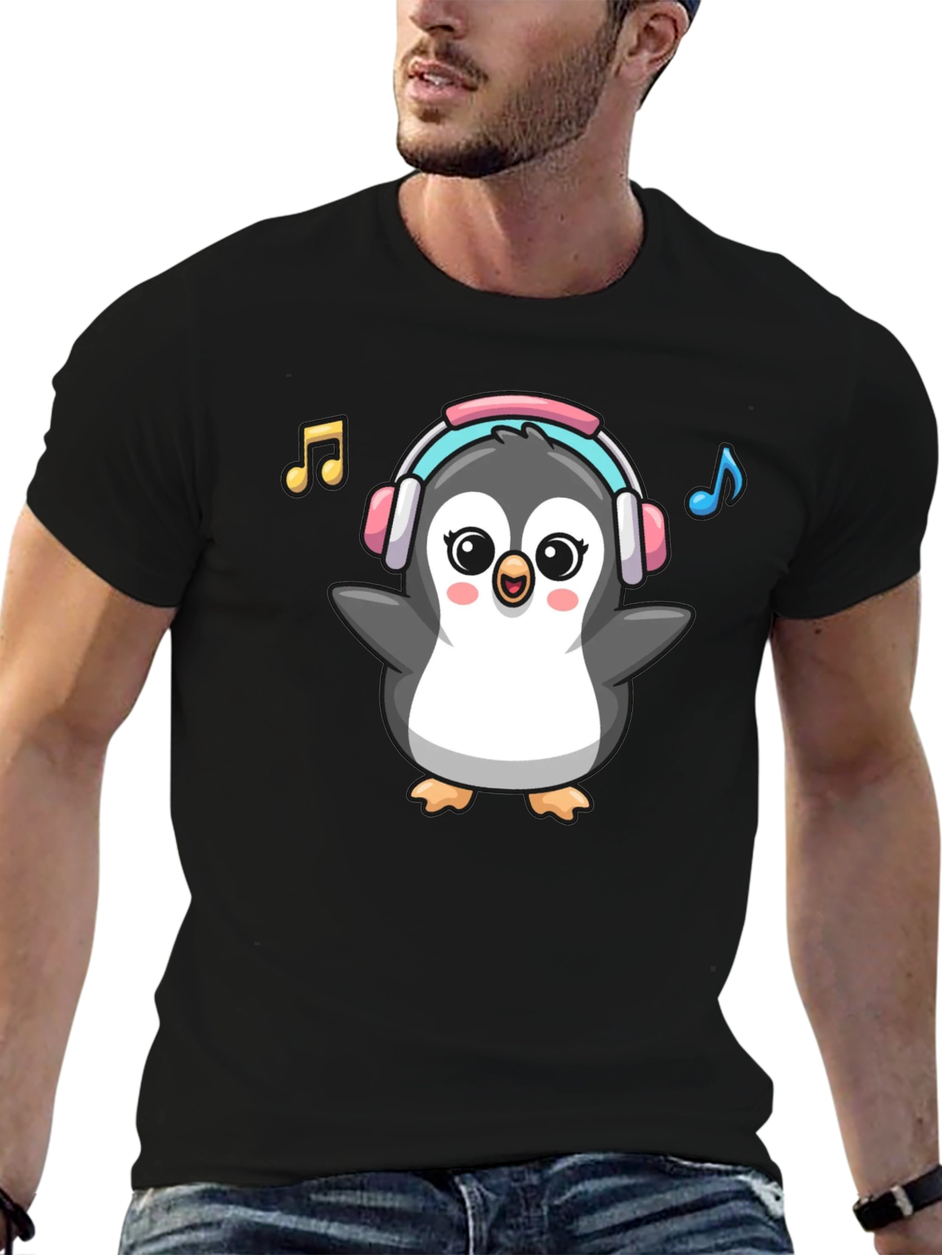 Cartoon Penguin Music Lover Graphic Tee